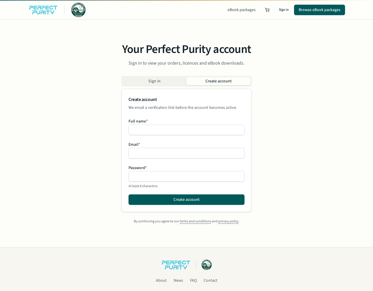 Create account form on the Perfect Purity account page