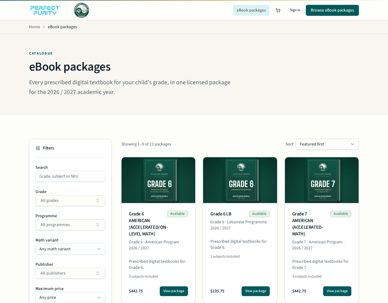eBook packages catalogue with grade and programme filters