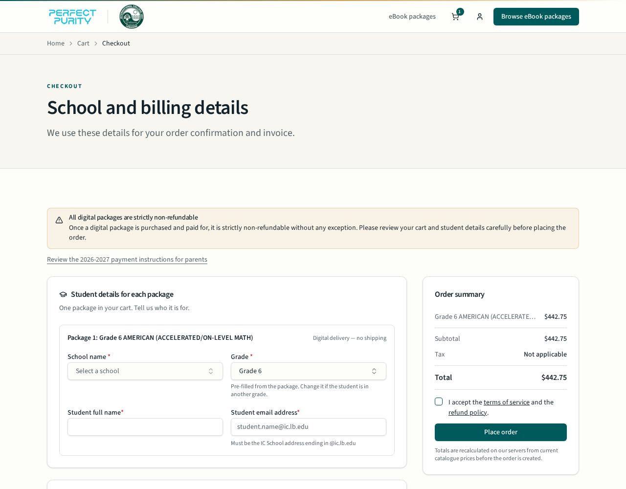 Checkout page with student details, order summary and place order button