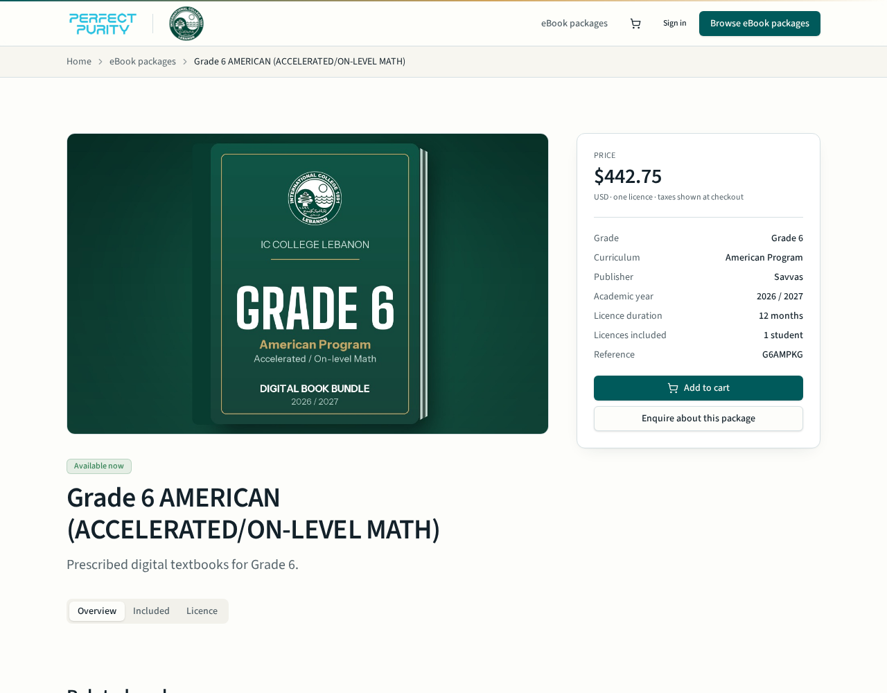 Package detail page showing price, grade, publisher and the Add to cart button