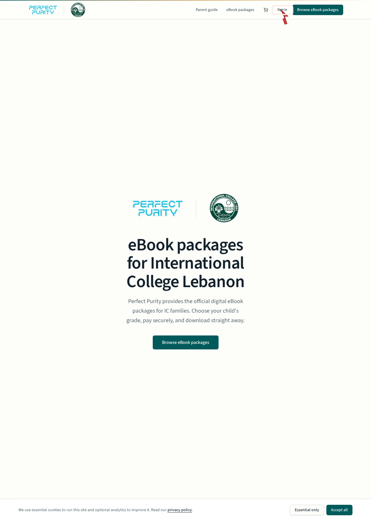Perfect Purity landing page with the Sign in button highlighted in the header