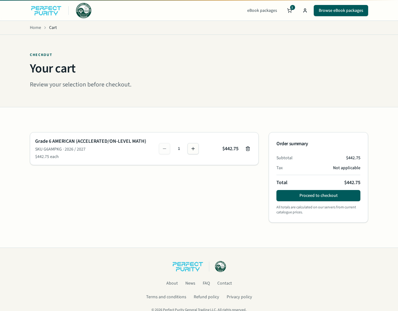 Cart page with order summary and proceed to checkout